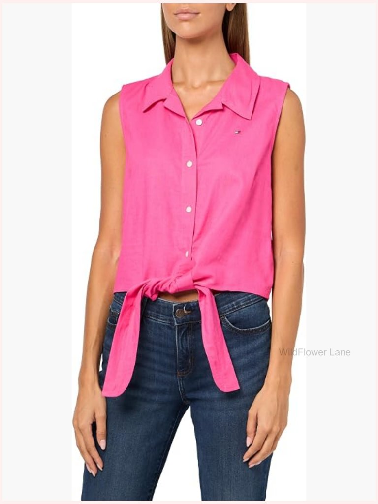 Lightweight Linen Sleeveless Button Down Shirt With Front Tie Blouse